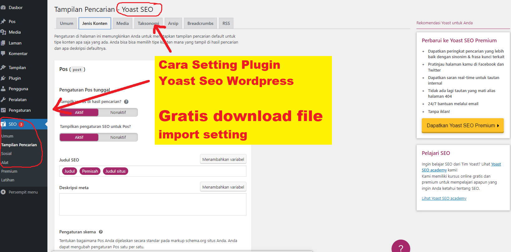 cara setting plugin yoast seo wordpress, free download file setting import